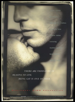Two men with stubble touch faces representing an advertisement for the Northwest AIDS Foundation. Colour lithograph by Heath Printers.