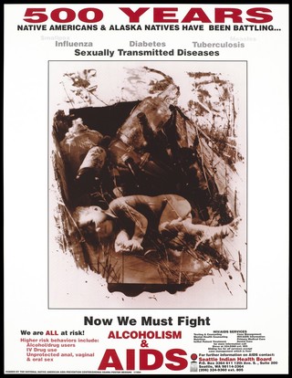 The naked body of a child amidst empty bottles in a rubbish tip with a warning about the need to fight alcholism and AIDS. Colour lithograph by Shenoa Egawa Poster Designs, 1994, for the Seattle Indian Health Board.