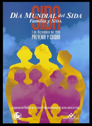 Three rows of silhouette figures against a cloudy sky representing an advertisement for World AIDS Day, 1st December 1994 for families with AIDS by the World Health Organization. Colour lithograph.