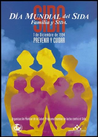 Three rows of silhouette figures against a cloudy sky representing an advertisement for World AIDS Day, 1st December 1994 for families with AIDS by the World Health Organization. Colour lithograph.