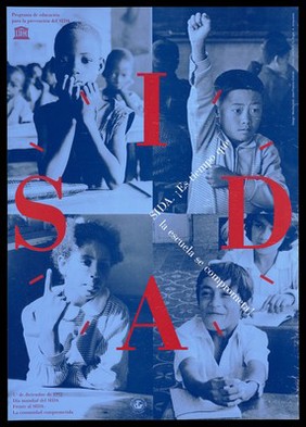 Four school children sitting in class with the words 'S','I','D','A' spelt out in the shape of a clock; an advertisement for World AIDS Day, 1st December 1992 by the UNESCO Programme of Education for the Prevention of AIDS. Colour lithograph D. Roger and A. Jonquieres.