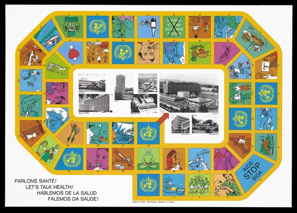 World Health Organisation (WHO) buildings in the cities of Manila, Washington, Lyon, Copenhagen, Alexandria, Geneva, New Delhi and Brazzaville surrounded by a series of numbered images interspersed with the WHO logo and the words 'AIDS Stop SIDA' in the shape of a board game; an advertisement by the World Health Organisation. Colour lithograph by G. Padey and G. Auberson.