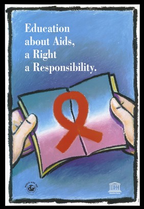 A pair of hands holding an open book bearing the AIDS red ribbon in the centre representing an advertisement for World AIDS Day, 1st December 1995 by the UNESCO Programme of Education for the Prevention of AIDS. Colour lithograph.