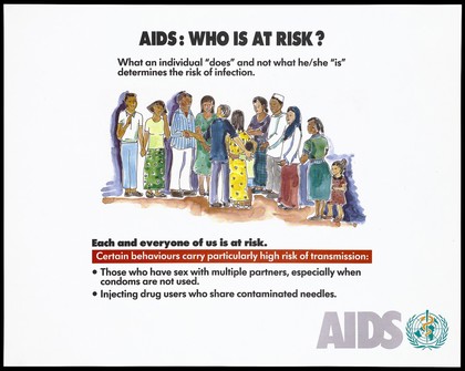 A line of people shaking hands with a mother, father and their child representing a warning by the World Health Organization about who is at risk from AIDS . Colour lithograph, ca. 1995.