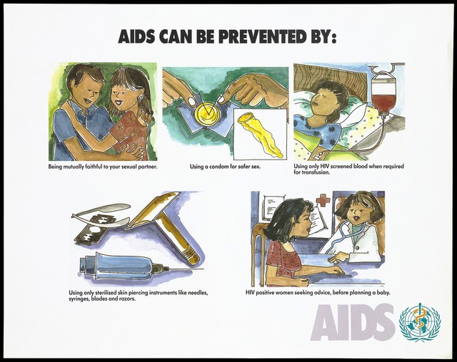 A faithful couple, opening a condom packet, a woman receiving a blood transfusion that has been screened for HIV, sterilised skin piercing instruments and an HIV positive woman seeking health advice before planning a baby; advice by the World Health Organization about the way AIDS can be prevented. Colour lithograph, ca. 1995.