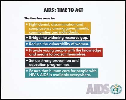 Actions that need to be addressed in the fight against AIDS by the World Health Organization. Colour lithograph, ca. 1995.