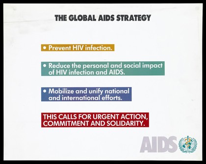 Goals of the Global AIDS Strategy for the World Health Organization (WHO). Colour lithograph, ca. 1995.