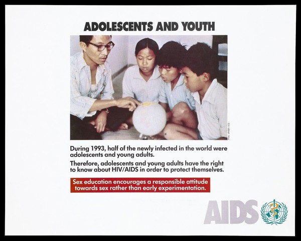 An Asian man points to a globe watched by three youths representing an advertisement for sex education to prevent the spread of HIV/AIDS by the World Health Organization (WHO). Colour lithograph, 1994.