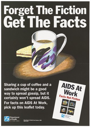 A mug of coffee and a sandwich representing an advertisement for a leaflet on facts on AIDS at Work by the Department of Health, New Zealand. Colour lithograph, 1990.