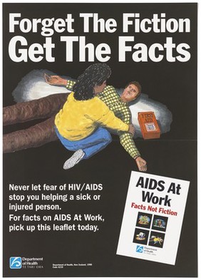 A woman in a yellow jumper helping a sick man lying on the floor; an advertisement for a leaflet on facts on AIDS at Work by the Department of Health, New Zealand. Colour lithograph, 1990.