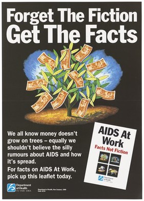 A tree with five dollar notes representing an advertisement for a leaflet on facts on AIDS at Work by the Department of Health, New Zealand. Colour lithograph, 1990.