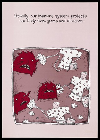 Three ghoulish faces being sprayed by three figures wearing white coats bearing the letters 'T'; one of a series of fact sheets about AIDS and HIV. Colour lithograph by MB.