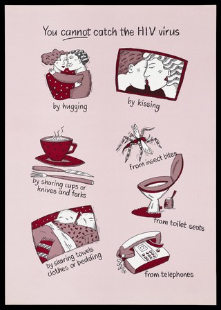 Ways in which you cannot catch the HIV virus from hugging to telephones; one of a series of fact sheets about AIDS and HIV. Colour lithograph.