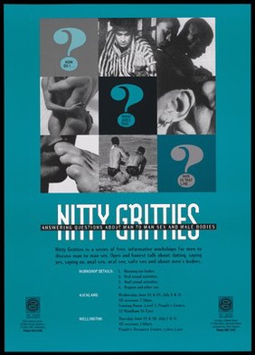 Question marks interspersed with images of gay men representing Nitty Gritties, a series of free, informative workshops for gay men in Auckland and Wellington; advertisement by the New Zealand AIDS Foundation. Colour lithograph.