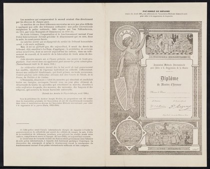 Fac-similé du diplome, remis dès avril 1905, aux adhérents de l'Association Médicale Internationale pour aider à la suppression de la guerre : [version 1]