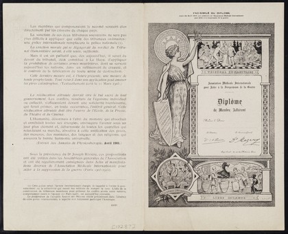 Fac-similé du diplome, remis dès avril 1905, aux adhérents de l'Association Médicale Internationale pour aider à la suppression de la guerre : [version 3]