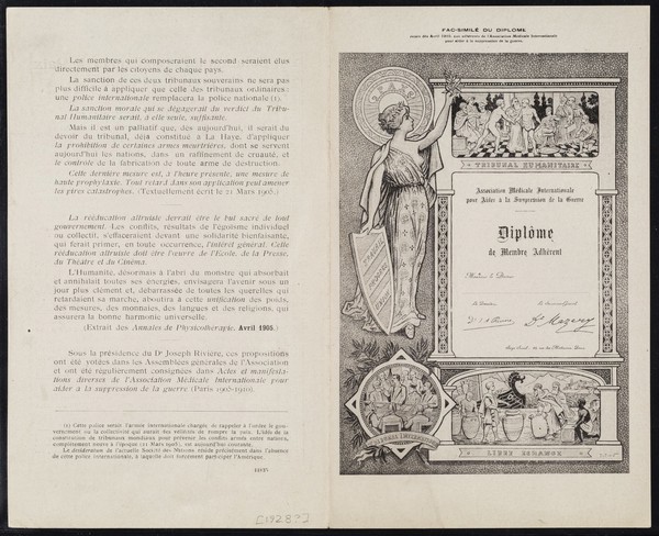 Fac-similé du diplome, remis dès avril 1905, aux adhérents de l'Association Médicale Internationale pour aider à la suppression de la guerre : [version 3]