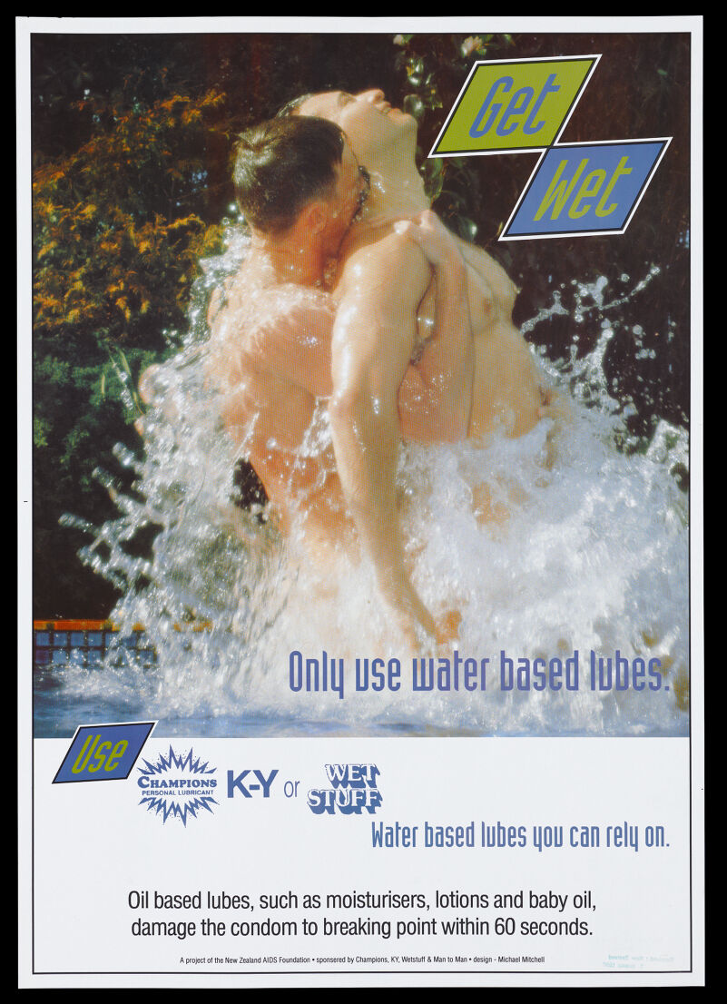 Two naked men caressing in an outdoor pool representing an advertisement  for water based lubricants to promote safer gay sex and AIDS prevention;  part of a project of the New Zealand AIDS