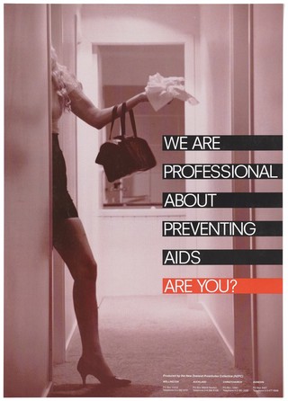 A prostitute wearing a short tight skirt steps between a doorway into a corridor raising her arm with her bag and some tissues; advertisement for safe sex by the New Zealand Prostitutes Collective (NZPC). Colour lithograph.