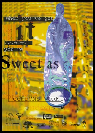 A purple condom against a yellow backdrop with a message that condoms work; advertisement by the North, Central and Southern Health, New Zealand and numerous other organizations. Colour lithograph.