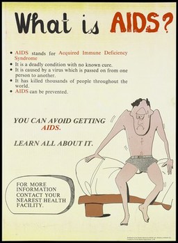 A feverish man sitting on the edge of a bed representing a man with AIDS with a definition of the disease; advertisement by the Health Education/HLM Unit of the Ministry of Health, Fiji. Colour lithograph.