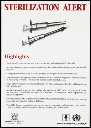 Two syringes with a public warning about the importance of needle sterilization to prevent the spread of diseases like AIDS; an advertisement by the Ministry of Health, Fiji and World Health Organization. Colour lithograph.