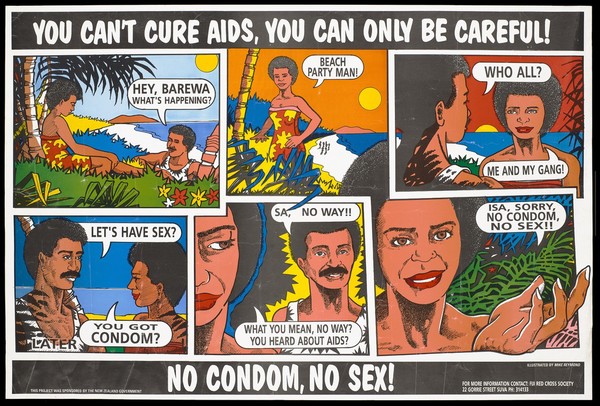 Cartoon sequence in which a Fijian woman invites a man to a beach party after which she rejects having sex with him because he does not have a condom; safe sex advertisement by the Fiji Red Cross Society. Colour lithograph by Mike Reymond.