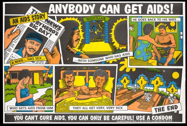 Cartoon sequence in which a Fijian man has sex with a woman who has AIDS who he meets in a nightclub and brings it home to his wife and baby killing them all; a safe sex advertisement by the Fiji Red Cross Society. Colour lithograph by Mike Reymond.