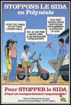 A couple stand next to a man on a scooter who offers a condom to a man leaning against a car in a beach setting; an advertisement for safe sex and condoms by the Service d'Education pour la Santé, Papeete, Tahiti. Colour lithograph, 1990.