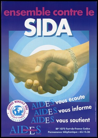 Two hands shake, with a message in French 'together against AIDS'; advertisement for World AIDS Day, 1 December by AIDES Martinique.