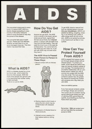 Information in English and Maori (on verso) on AIDS and how it is transmitted and prevented. Lithograph.