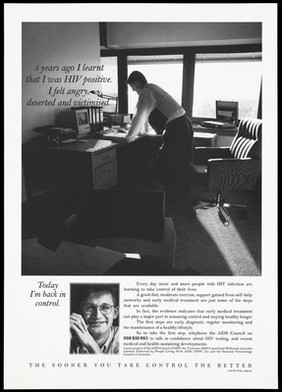 A man leans against a desk by a window representing a man who is HIV positive with information on information about HIV and HIV testing by the AIDS Council of New South Wales, Victorian AIDS Council and Wellcome Australia Limited. Lithograph.
