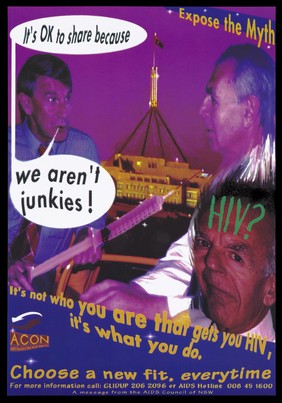 An unlikely drug user, a middle-aged man in a shirt and tie aims a syringe at another man against a backdrop of a building bearing a flag representing a message about HIV by the AIDS Council of New South Wales. Colour lithograph.