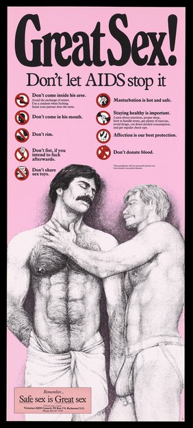 Two men with moustaches feel each others bodies with a list of unsafe and safe sex practices; advertisement by the Victorian AIDS Council. Colour lithograph.