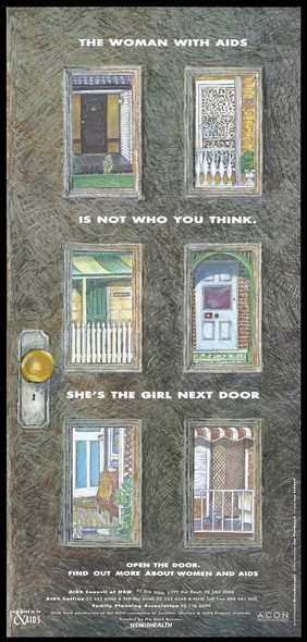 A door with six panels bearing vignettes of further doors representing an advertisement for women with AIDS by the AIDS Council of New South Wales. Colour lithograph by Dreadnaught and Jan Fieldsend.