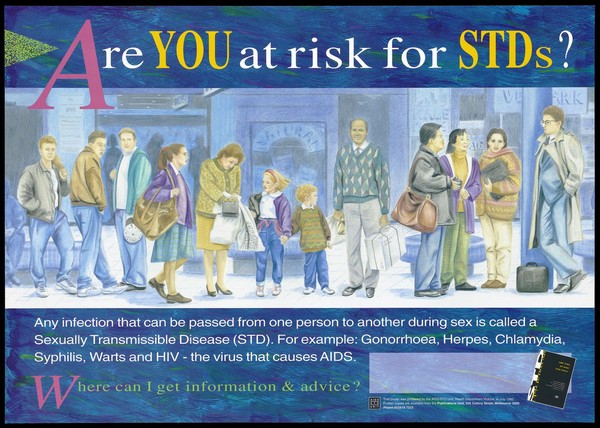 A line of people stand along a shopping street representing a warning about the risk of STD's by the AIDS STD Unit, Health Department, Victoria. Colour lithograph, July 1992.