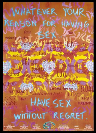 Words relating to sex litter the page between swirling patterns; representing an advertisement for safe sex by the Gay Men's Health Education Unit. Colour lithograph by Paull McKee.