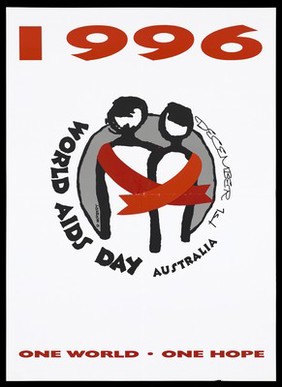 Two figures wrapped in a red ribbon within a circle edged with the words 'World AIDS Day Australia December 1st'. Colour lithograph by R. Herbert, 1996.