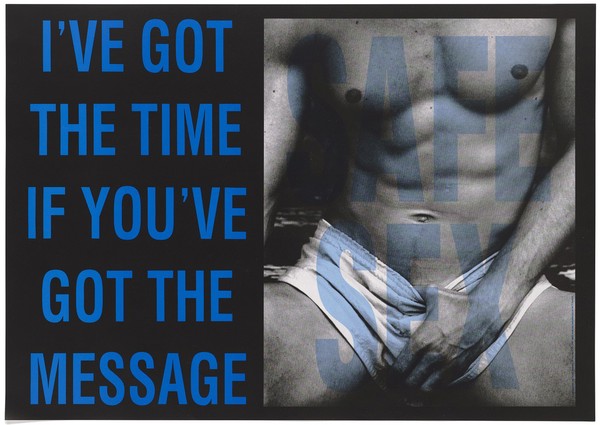 A man sitting down pulling his shorts down with his thumb representing a safe sex advertisement by the AIDS Council of ACT. Colour lithograph.