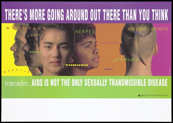 The face of a woman looks out with side profiles of three other male and female faces and the back view of another woman's head; a warning that AIDS is not the only sexually transmissible disease by the AIDS/STD Unit, Health Department Victoria. Colour lithograph, July 1992.