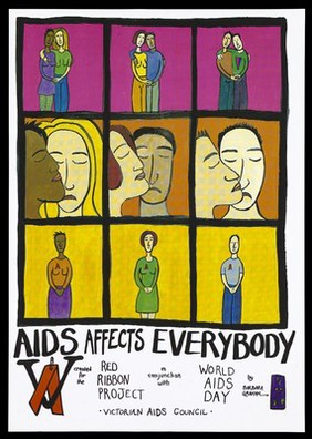 Three couples standing with their arms around each other, the faces of three couples touching each other and three single men and women each wearing the AIDS awareness red ribbon; an advertisement for the Red Ribbon Project and World AIDS Day by the Victorian AIDS Council. Colour lithograph by Barbara Graham.