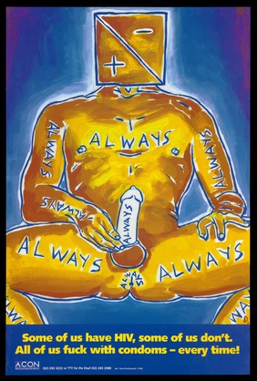 A man with a square head bearing the HIV positive and negative sign sits holding his erect penis with the words 'Always' written across his body; advertisement for safe sex by the AIDS Council of New South Wales. Colour lithograph by David McDiarmid, 1992.