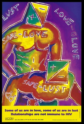 Two men with square heads bearing the positive and minus signs of HIV perform anal sex with the words 'safe-love', 'safe-lust' and two joined hearts across their bodies; a reminder to gay men to practice safe sex by the AIDS Council of New South Wales. Colour lithograph by David McDiarmid, 1992.