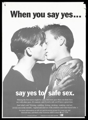 A couple kiss with a message about safe sex by the Victorian AIDS Council. Lithograph, 1990.