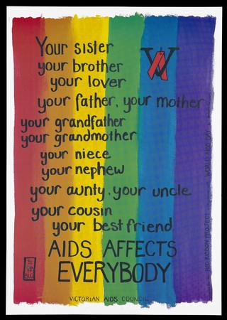 A list of family members and a message that AIDS affects everybody against strips of colours; advertisement created for the Red Ribbon Project in conjunction with World AIDS Day by the Victorian AIDS Council. Colour lithograph by Barbara Graham, 1995.
