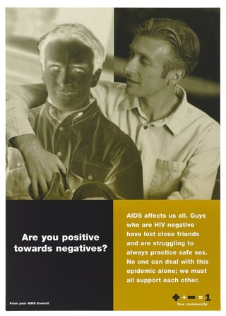 A negative photograph of a man with a positive image of another with his arm around him representing a message about the need to support those who have HIV by the AIDS Council of NSW. Colour lithograph.