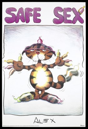 A tabby cat stands on its back paws wearing numerous condoms on its head, paws and tail representing an advertisement for safe sex by Verkerke C&L GMBH. Colour lithograph by Alex, 1995.