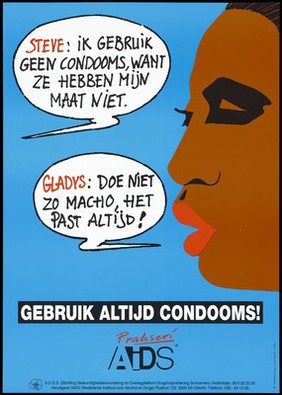 The side profile of the face of Gladys, a black woman with red lips with speech bubbles containing a conversation with Steve about the use of condoms; advertisement for safe sex by the N.I.A.D. (Nederlands Instituut voor Alcohol en Drugs). Colour lithograph by Laren, Tadberg Design.