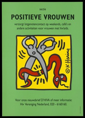 Two figures in the shape of scissors cutting a serpent in half representing an advertisement for Positive Women, a help group for women with HIV/AIDS by the HIV Vereniging Nederland. Colour lithograph by K. Haring.