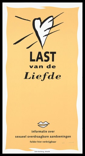 A heart with lines either side and a pair of lips with a message about how to get information on sexually transmitted diseases; an advertisement by the SOA Stichting, Utrecht. Colour lithograph.